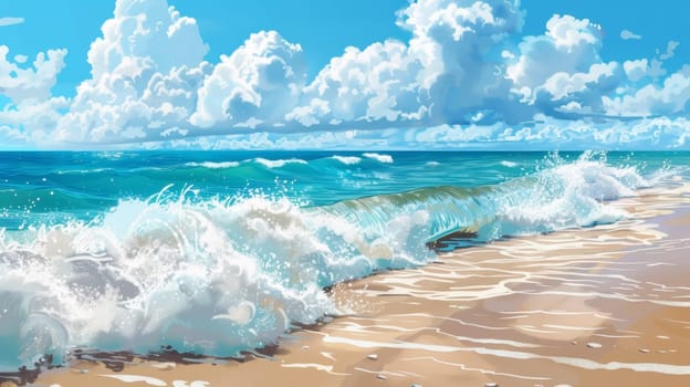 A cartoon style painting of a beach with waves and clouds