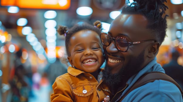 A man with a beard and glasses holding up his daughter