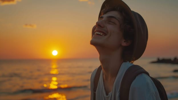 A man with a hat on smiling at the sun