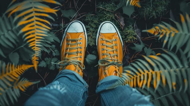 A person wearing yellow converse sneakers standing in a field of ferns