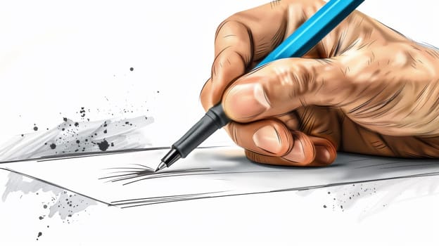A hand drawing a picture with a blue pen on paper