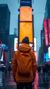 A person in an orange jacket standing on a street with neon signs