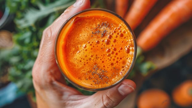 A person holding a glass of orange juice with carrots in the background