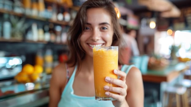 A woman holding a glass of orange juice in front of her
