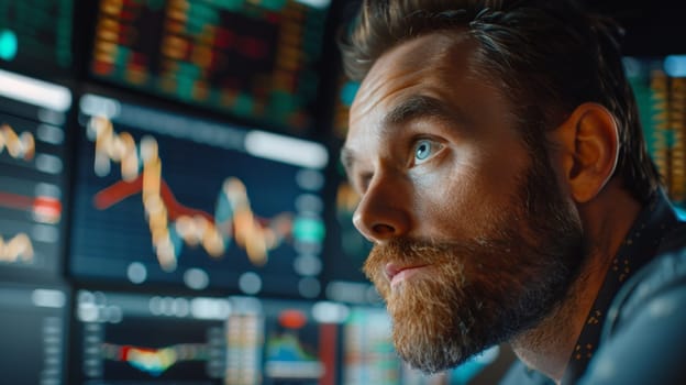 A man with a beard looking at some stock market screens