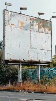 A large white billboard with graffiti on it sitting next to a road