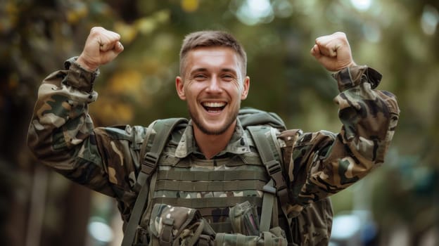 A man in camouflage holding his fist up while smiling