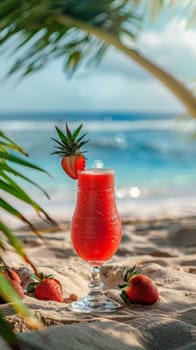 A glass of a drink sitting on the beach with strawberries