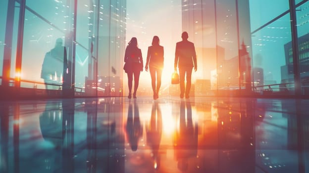 Three people walking down a glass walkway in front of city lights