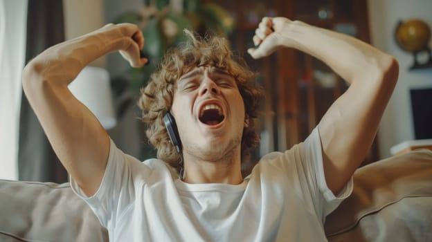 A man on a couch with his hands up and talking into the phone