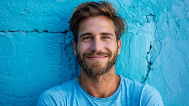 A man with a beard and blue shirt posing for the camera