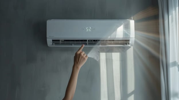 A person pointing at a wall mounted air conditioner