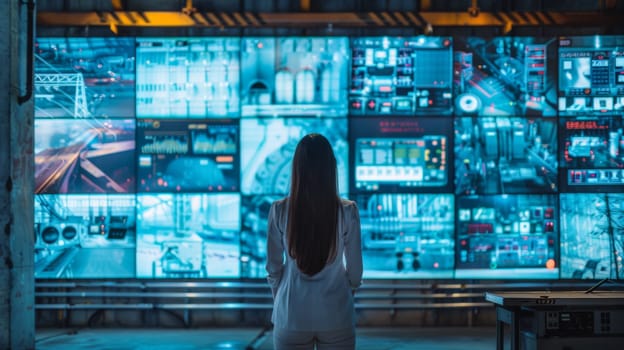 A woman standing in front of a large screen with many different screens