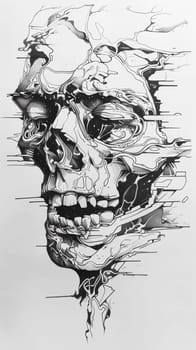 A drawing of a skull with many lines and shapes