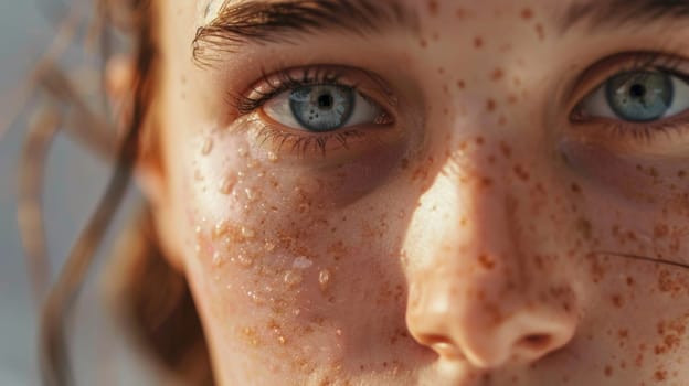 A close up of a woman with freckles on her face