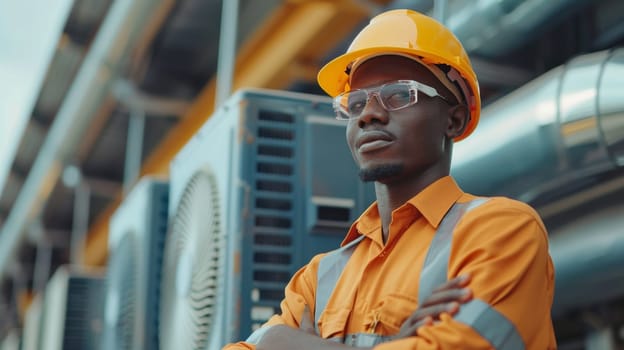 A man in hard hat and safety glasses standing next to a large fan