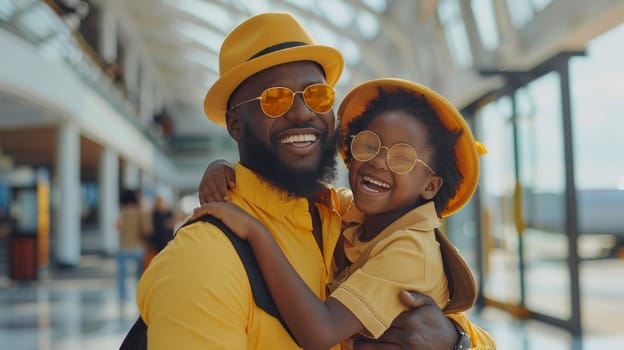 A man and a little girl in yellow hats smiling