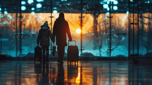 A man and woman walking with luggage through an airport