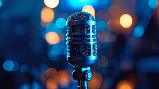 A close up of a microphone on stage with lights in the background