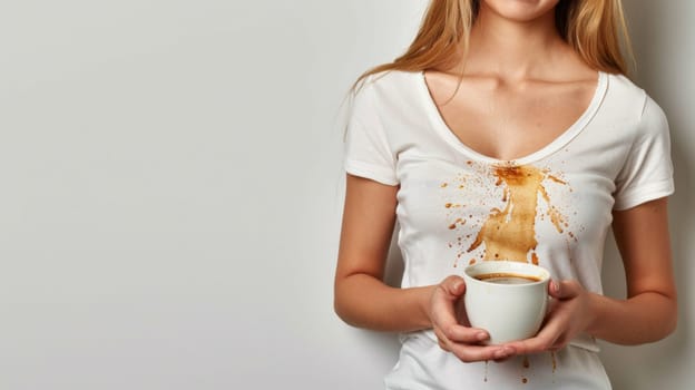 A woman holding a cup of coffee with brown stains on it