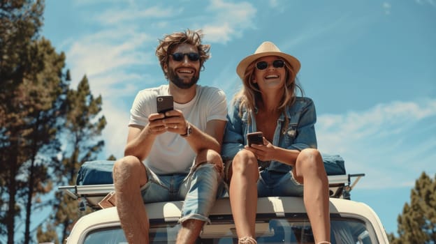 A man and woman sitting on top of a truck looking at their cell phones