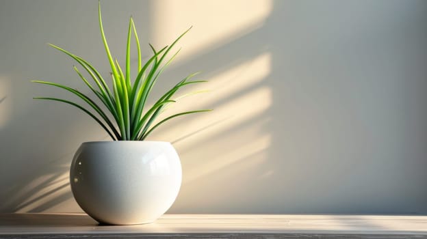 A white vase with a plant in it on the table