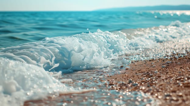 A close up of a wave crashing on the shoreline