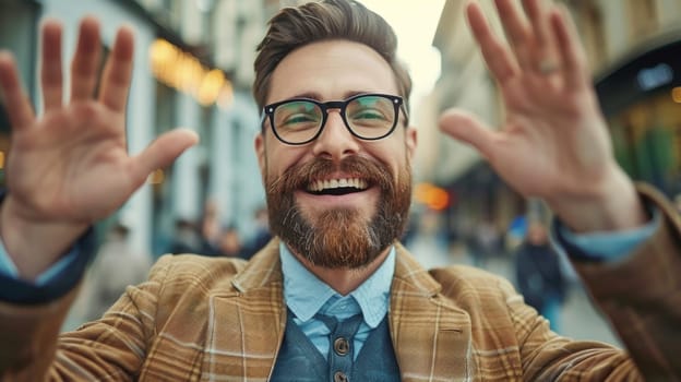A man with glasses and a beard is making an expression