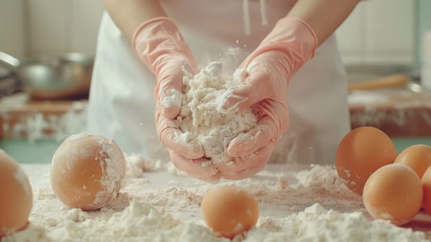 A person in gloves kneading flour with eggs and other ingredients