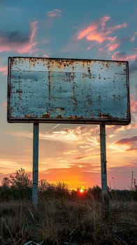 A rusty sign in a field with sunset behind it