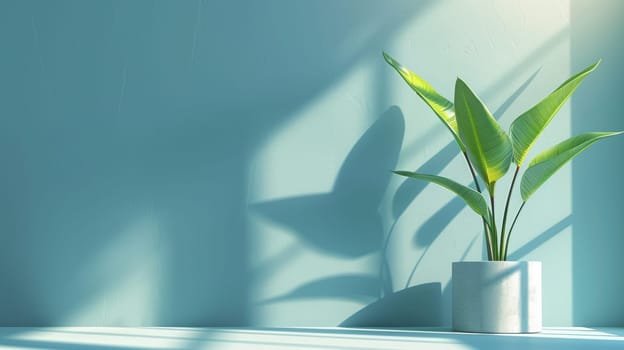 A plant in a white vase on the wall with shadows