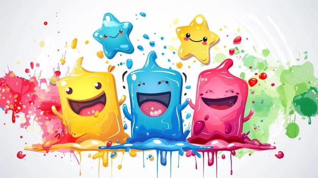 Three colorful characters with mouths open and eyes closed