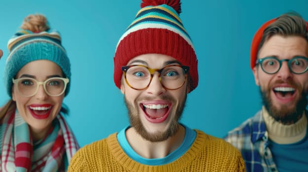 Three people wearing hats and glasses are smiling at the camera