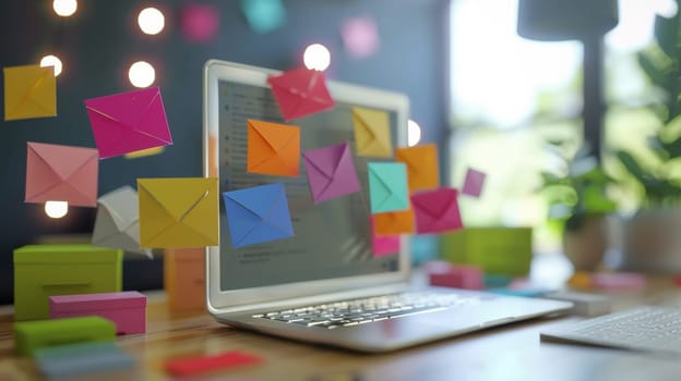 A laptop computer with paper mail flying out of it