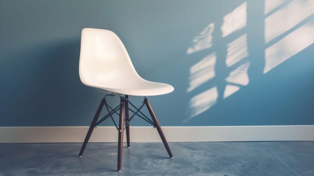 A white chair against a blue wall with shadows of the wood floor
