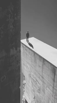 A man standing on a ledge looking down at the ground