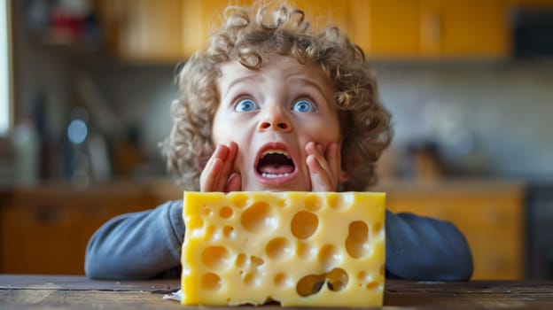 A child with a cheese wedge in front of him