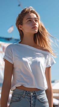 A woman with long hair wearing a white shirt and jeans