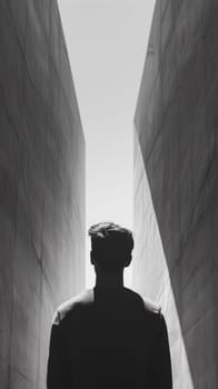 A man standing in a large concrete structure with his back to the camera