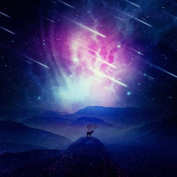 Majestic deer with long horns as tree branches stand on the peak of a rocky valley below a wonderful night sky with falling stars and sparkles. Mystic wildlife scene screensaver in the center of nature. 