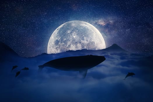 Silhouette of a whale flying above the clouds into the full moon night. Starry sky over the clouds in the mountains. Fantasy, surreal landscape scene screen saver.
