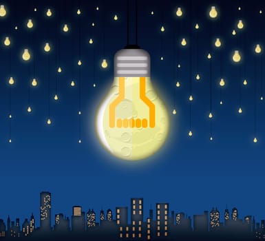 Illustration of moon and stars in shape of bulbs light over a city. Surreal background. Alternative energy concept
