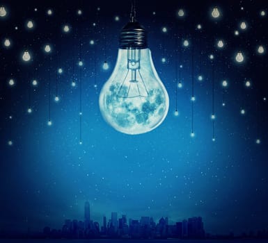 Moon and stars in shape of bulbs light over a city. Surreal background. Alternative energy concept