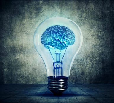 Human brain glowing inside a light bulb. Blue shining lamp on gray background. Emergence of the idea, Eureka creativity concept