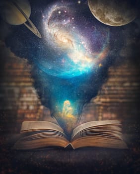 The world and universe inside a book surreal background. Educational and science concept with a magical open textbook casting a cosmic scene with galaxies, stars and planets. Inspirational storybook