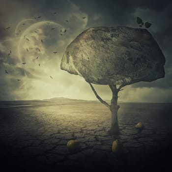 Surreal background as a bizarre pear tree with a big rock instead of the leaves crown, placed in the middle of a cracked desert ground of another planet.