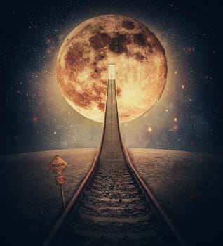 Surreal scene and a railway leading up to the moon. Imaginary night travel on a railroad transforming into a stairway going upwards to a door or portal in the satellite. Mystic space traveling concept