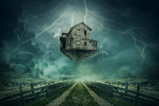 Ghost house ripped from the ground flying above a country road in a stormy day with lightnings in the sky.