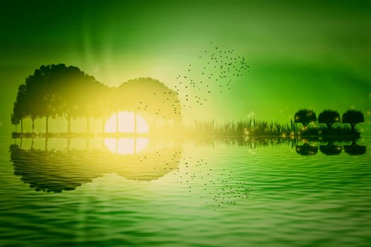 Trees and grass arranged in a shape of a guitar on a green tropical sunset background. Music island with a guitar reflection in water