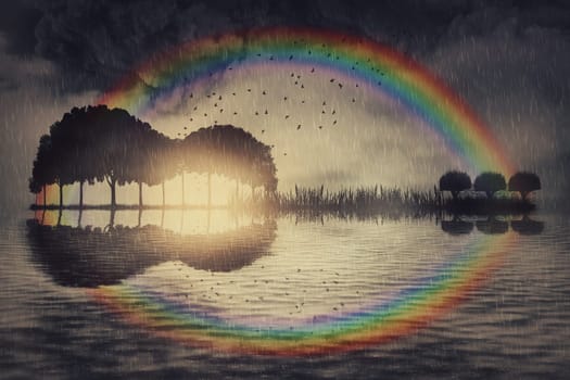 Guitar music island over the rainbow concept. Surreal seascape view with trees on an isle growing in the shape of an musical instrument, reflecting in the water, under a stormy sky background.
